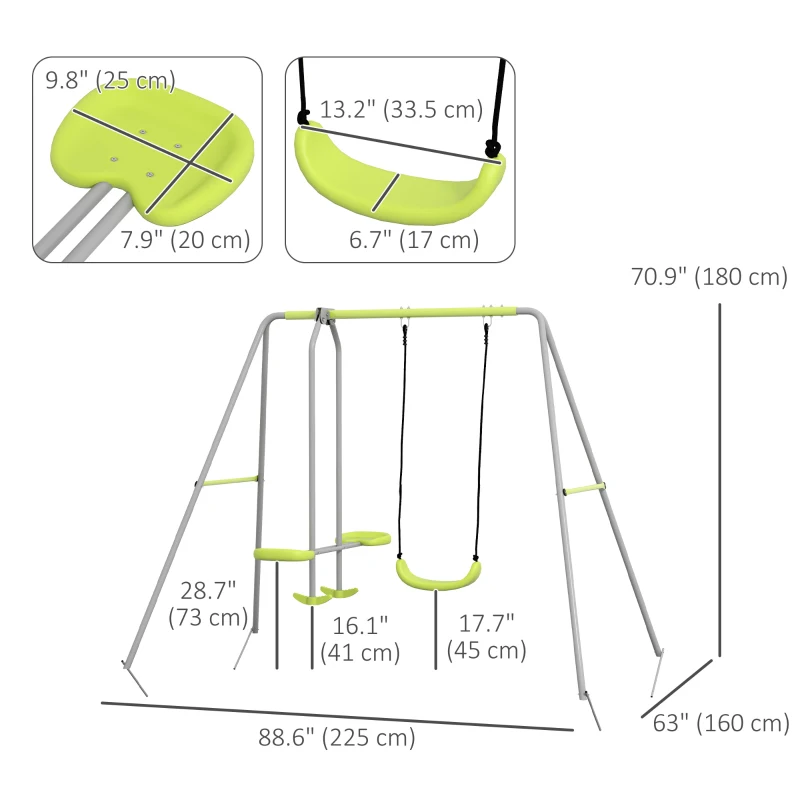 Outsunny Swing Set for Kids, Heavy Duty A-Frame Metal Swing Frame with Glider, Swing Seat, Ground Stakes for Backyard, Green
