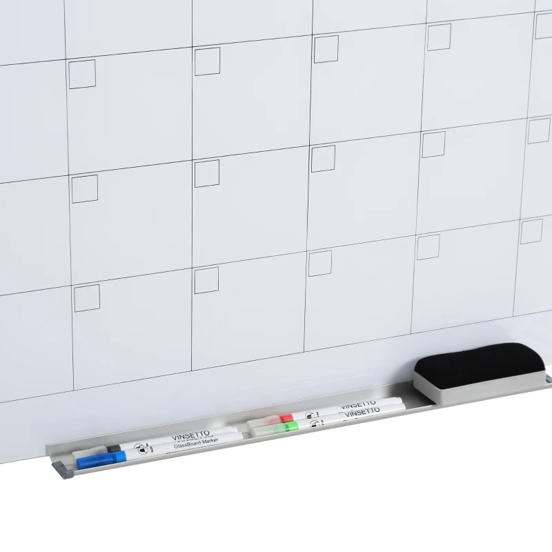 Vinsetto 35"x23" Dry Erase Wall Calendar Glass Whiteboard Monthly Planner for Homeschool Supplies & Home Office Organization with 4 Markers and 1 Eraser,Frameless
