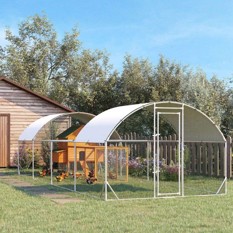 PawHut Large Metal Chicken Run with Water-Resistant and Anti-UV Cover, Door, for 20-24 Chickens, Silver