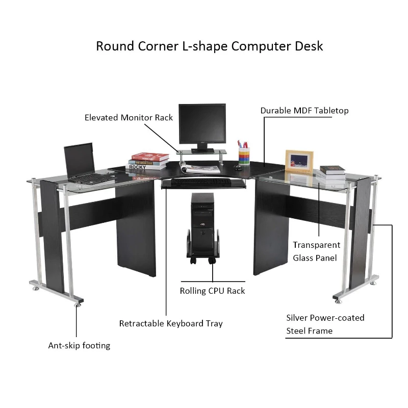 HOMCOM 69" Modern L-Shaped Tempered Glass Office Computer Desk with Elevated Monitor Stand, Rolling CPU Holder, Pull Out Keyboard Tray and Steel Frame, Black