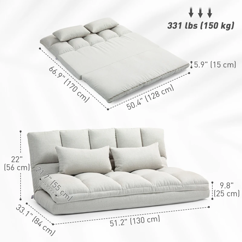 HOMCOM Convertible Floor Sofa, Foldable 2-Seater Lazy Sofa Sleeper with 9-position Backrest and 2 Pillows Cream White