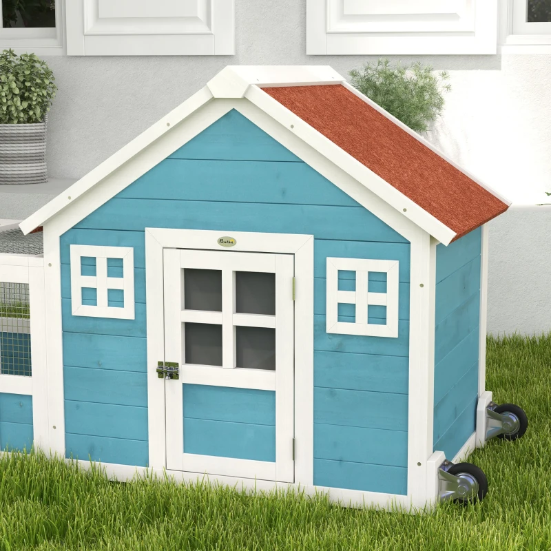 PawHut Rabbit Hutch Outdoor with Asphalt Roof, Handle, Wheels, 64" x 23.3" x 30.6", for Small Animals, Blue