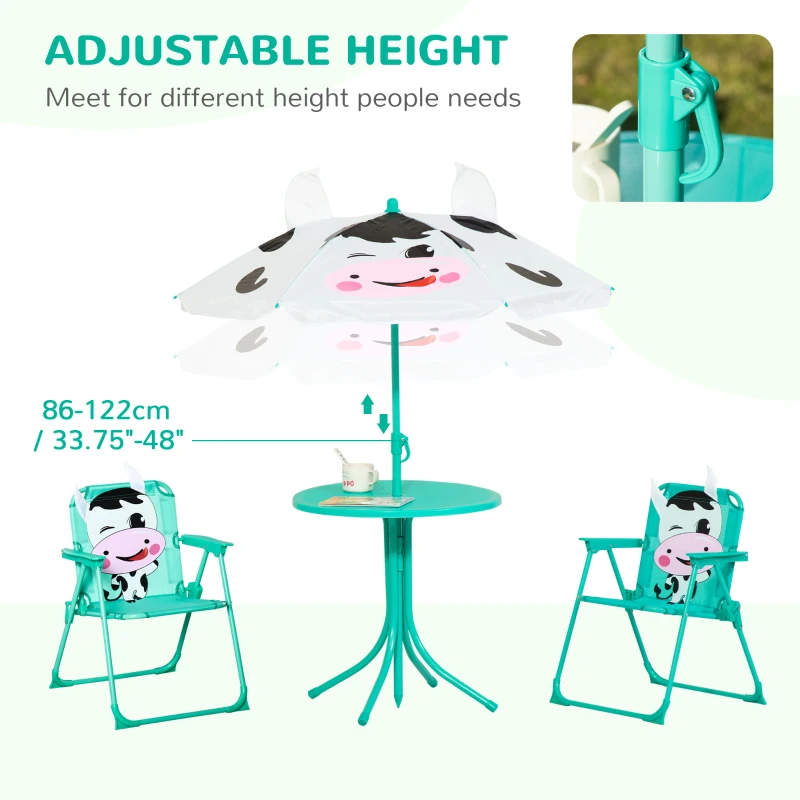 Outsunny Kids Table and Chair Set, Outdoor Folding Garden Furniture, Picnic Table for Patio Backyard, with Removable & Height Adjustable Sun Umbrella, Aged 3-6 Years Old,White