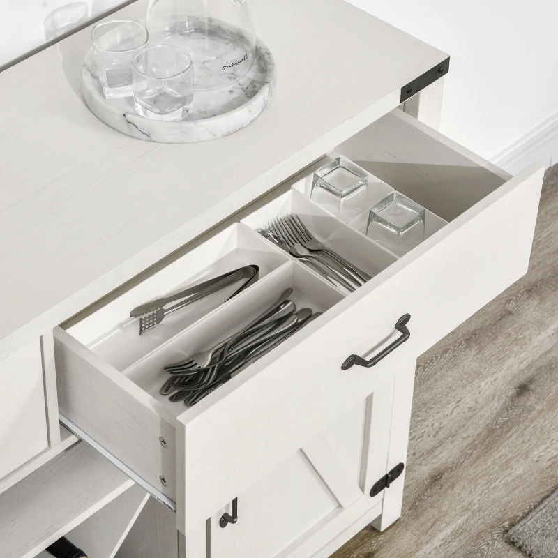 HOMCOM Farmhouse Coffee Bar Cabinet, Sideboard Buffet Cabinet Wine Cabinet with Drawers, Barn Style Doors, Wine Rack, White