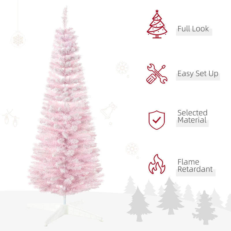 HOMCOM 5' Decorated Christmas Tree Snow Flocked Artificial Christmas Tree with Pencil Shape, Realistic Branches, Pink