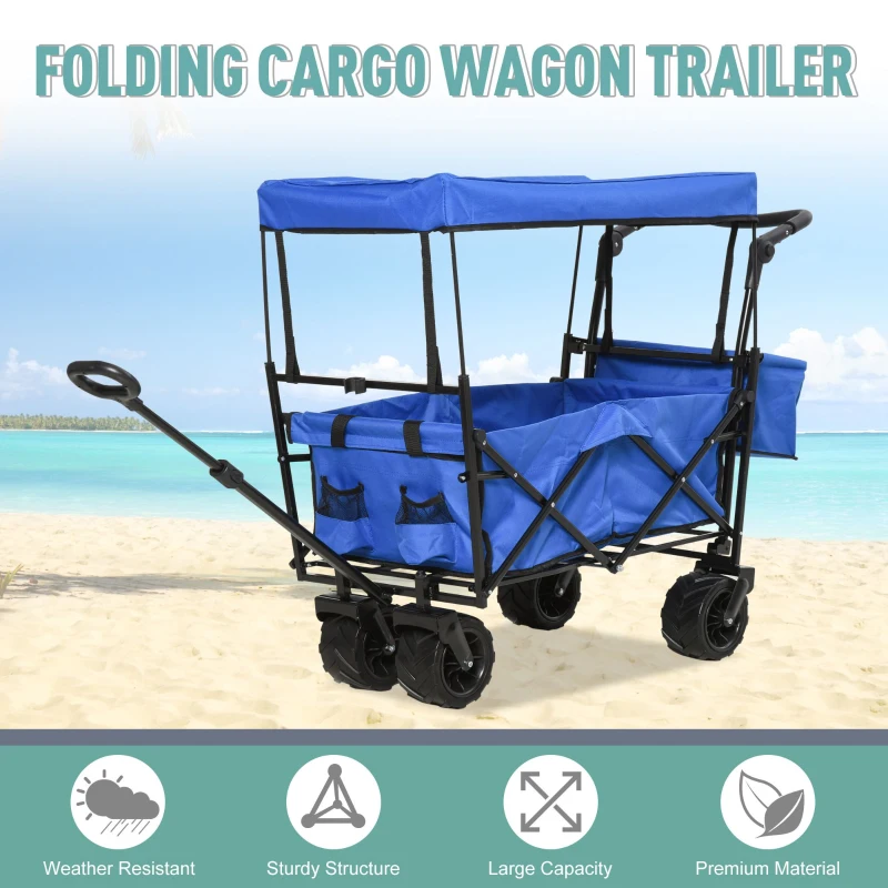 Outsunny Collapsible Folding Garden Utility Cart Wagon with Adjustable Push/Pull Handle, Canopy & All-Terrain Wheels, Blue