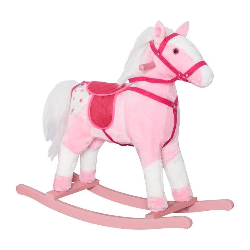 Qaba Rocking Horse Plush Pony Children Kid Ride on Toy w/ Realistic Sound (Light Pink)