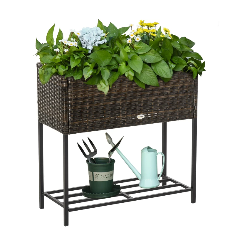Outsunny Rattan Raised Garden Boxes, Elevated Flower Beds with Storage Shelf for Herbs, Flowers, Vegetables, Brown