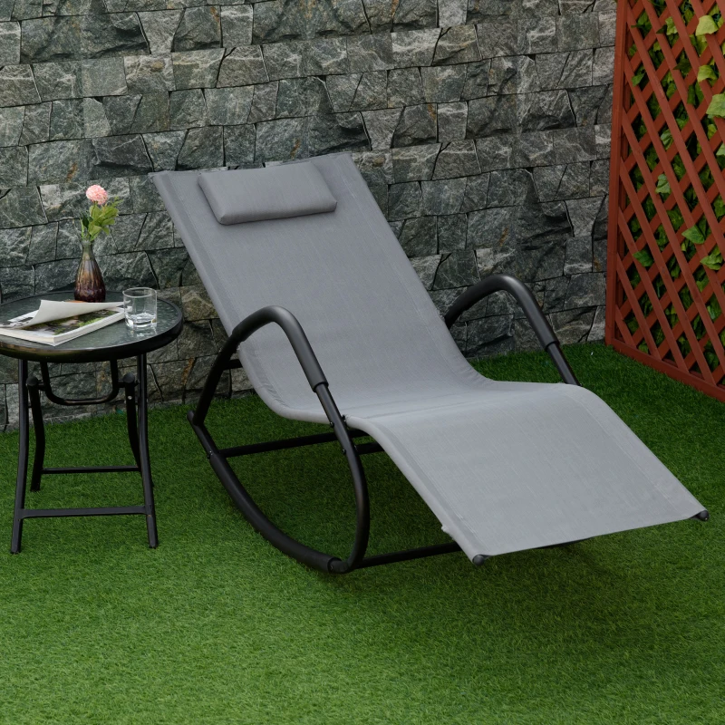 Outsunny Rocking Chair, Zero Gravity Patio Chaise Sun Lounger, Outdoor Rocker, UV Water Resistant, Pillow for Sunbathing, Lawn, Garden or Pool, Gray