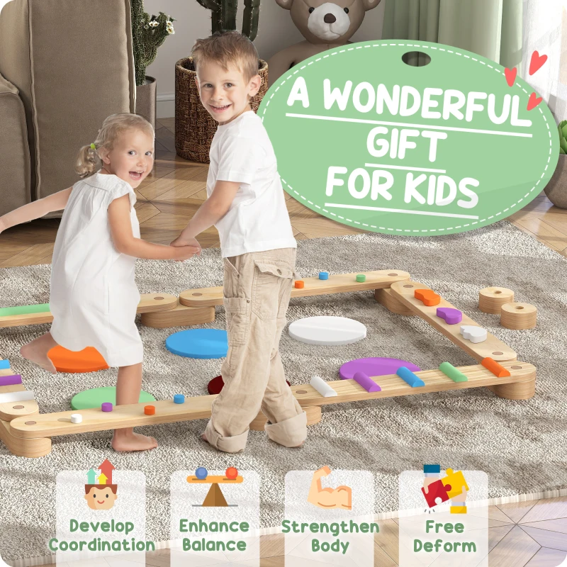 Qaba Kids Balance Beam, Wooden Balance Board with Stepping Stone for 3-8 Years