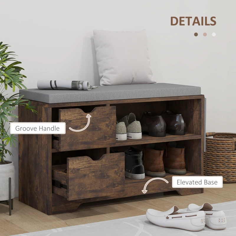 HOMCOM Upholstered Shoe Storage Bench w/ Seat, Entrance Bench w/ Drawer Open Shelves and Pocket for Hallway, Rustic Brown