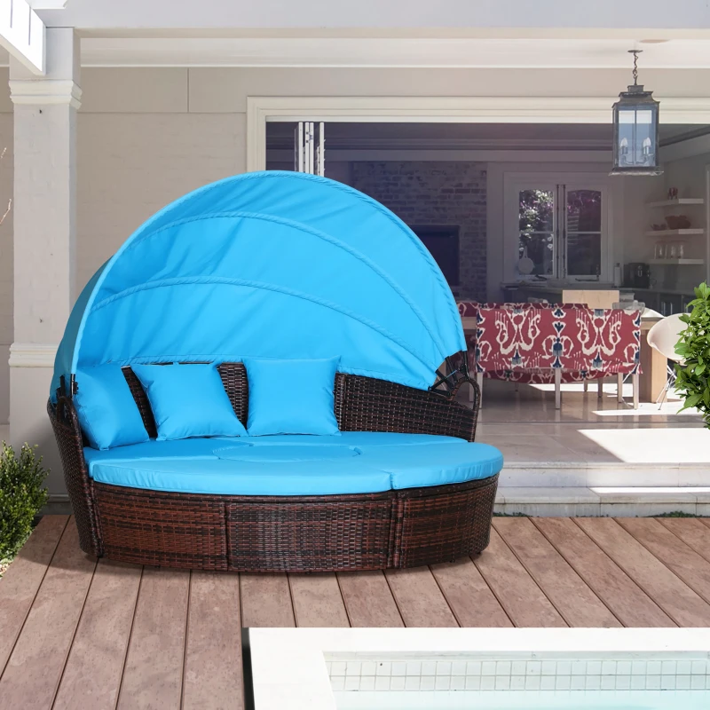 Outsunny 4 Pieces Outdoor Daybed with Retractable Canopy, PE Rattan Wicker Round Sofa Day Bed, Patio Sectional  Conversation Furniture Set with Cushions and Pillows, Light Blue