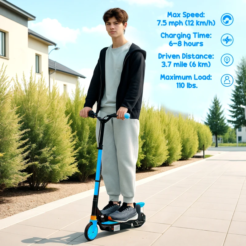 Soozier Foldable Electric Scooter for Kids Ages 6-14, with Seat and 2 Adjustable Heights, Max 6km Range & 12km/h, Blue