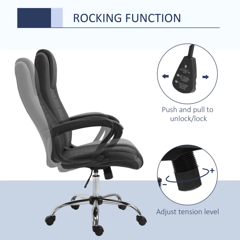 Vinsetto Ergonomic High Back Executive Office Chair, Rocking Swivel Linen Computer Desk Chair with Adjustable Height, Comfort Tilt Function, Padded Armrest, Headrest, Dark Grey