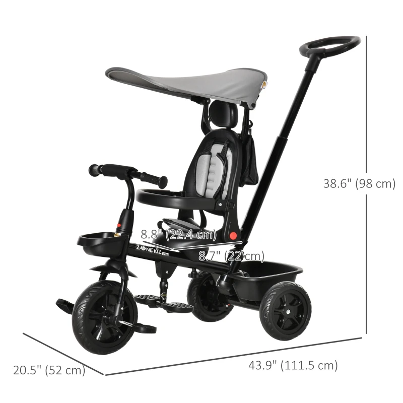 Qaba Kids Tricycle 4 In 1 Trike with Reversible Angle Adjustable Seat Removable Handle Canopy Handrail Belt Storage Footrest Brake Clutch for 1-5 Years Old Grey