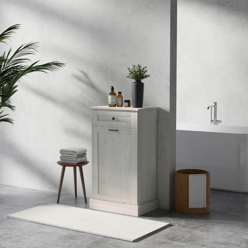 HOMCOM Kitchen Tilt Out Trash Bin Cabinet Free Standing Storage Cabinet with Drawer, Light Gray