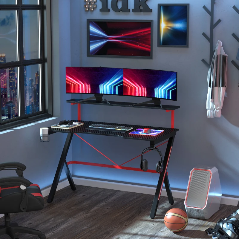 HOMCOM 47 Inch Gaming Desk Racing Computer Desk Home Office Workstation with Elevated Monitor Shelf Rotatable Cup Holder Headphone Hook, Black