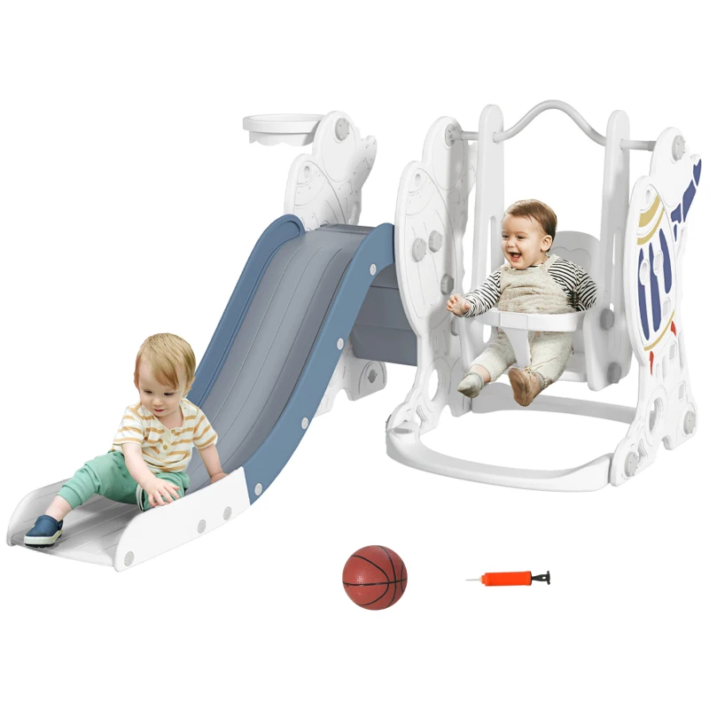Qaba 3 in 1 Toddler Slides for Kids with Basketball Hoop, Baby Slide and Swing Set Indoor Playground, Space Theme