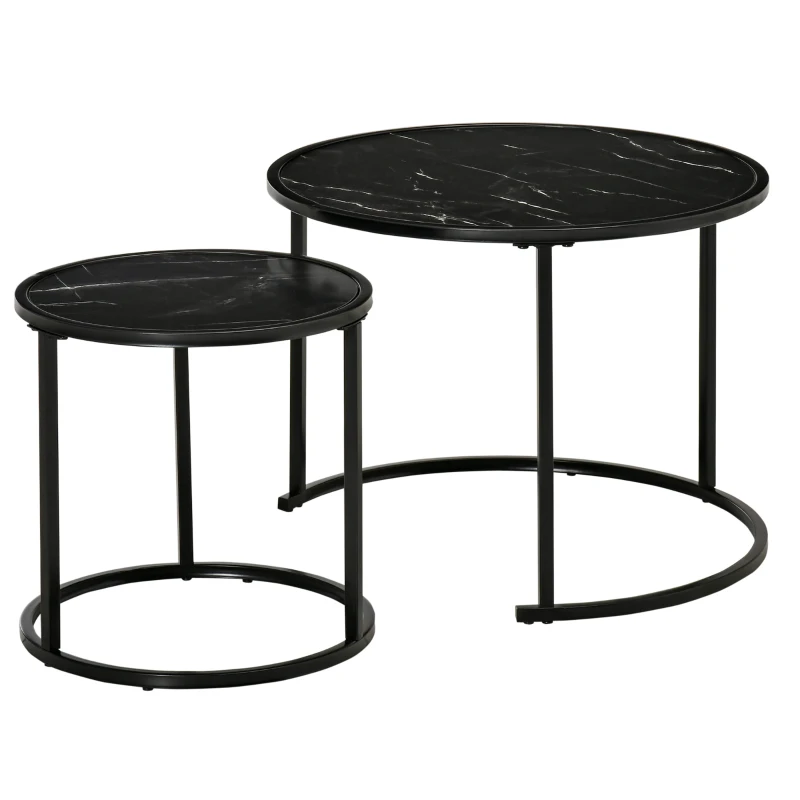 HOMCOM Round Nesting Coffee Table Set of 2, Stacking Modern Accent Tables with Faux Marble Tabletop and Metal Frame for Living Room, Black