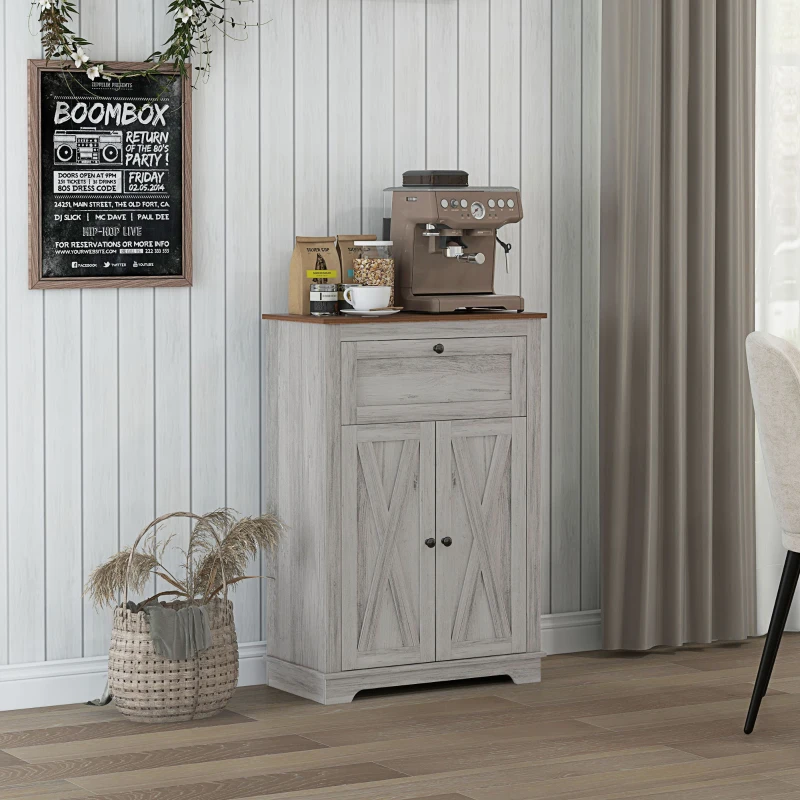 HOMCOM Farmhouse Sideboard Storage Cabinet with Doors and Drawer for Kitchen, Living room, 23.5"x11.75"x34.5", Light Gray