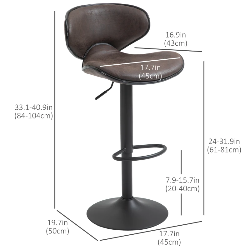 HOMCOM Adjustable Bar Stools Set of 2, Swivel Counter Height Barstools, Leathaire Upholstered Kitchen Island Stools with Back, Footrest and Steel Base, Espresso