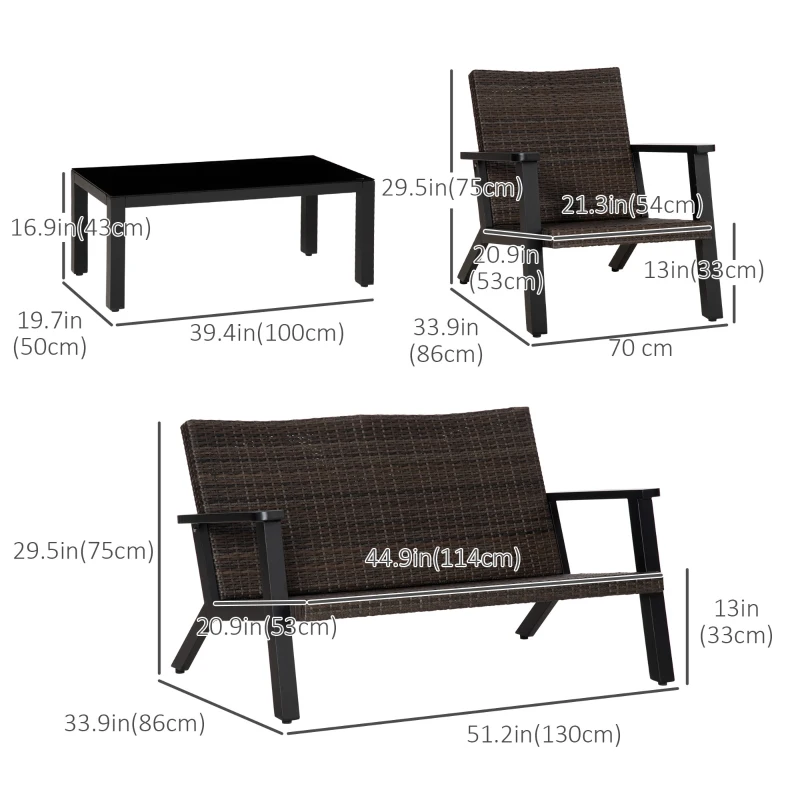 Outsunny 4 Pieces Patio Furniture Set, All Aluminum Frame Outdoor Sofa Set PE Rattan Sofa with 2 Cushioned Sofas, 1 Loveseat and Coffee Table with Tempered Glass Top for Garden, Backyard, Black, Grey