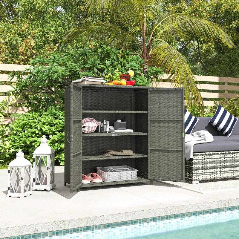 Outsunny Rattan Wicker Outdoor Storage Cabinet with 4 Shelves and 2 Doors for Garden Pool Towel Storage, Dark Gray