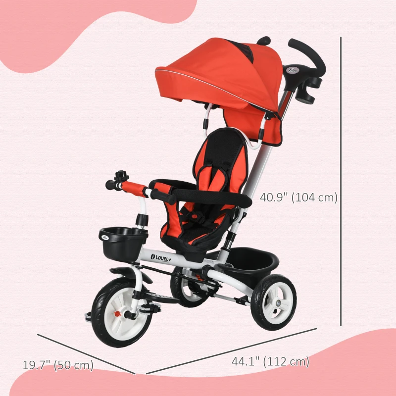 Qaba 6 in 1 Toddler Tricycle with Parent Push Handle, Canopy, Storage Baskets, Cupholder, Red