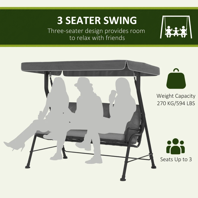 Outsunny 3-Seat Patio Swing Chair, Outdoor Swing Glider with Adjustable Canopy, Removable Thicken Cushion, and Weather Resistant Steel Frame, for Garden, Poolside, Backyard, Gray