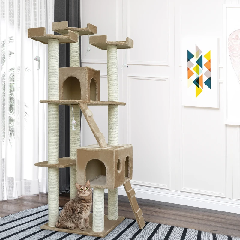 PawHut 71-Inch Cat Tree Furniture Pet Tower House with Scratch Post and Condo, Beige