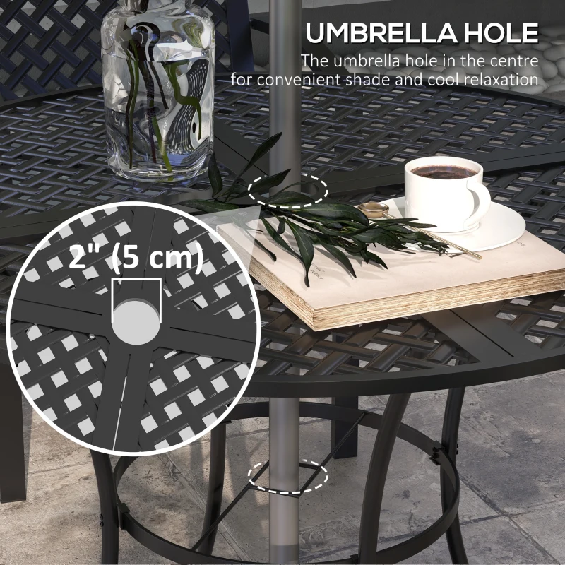 Outsunny 5-Piece Outdoor Dining Set with 4 Stackable Cushioned Armchairs, Patio Furniture Sets with Umbrella Hole Metal Plate Table, for Garden Deck Poolside Lawn Yard, Grey