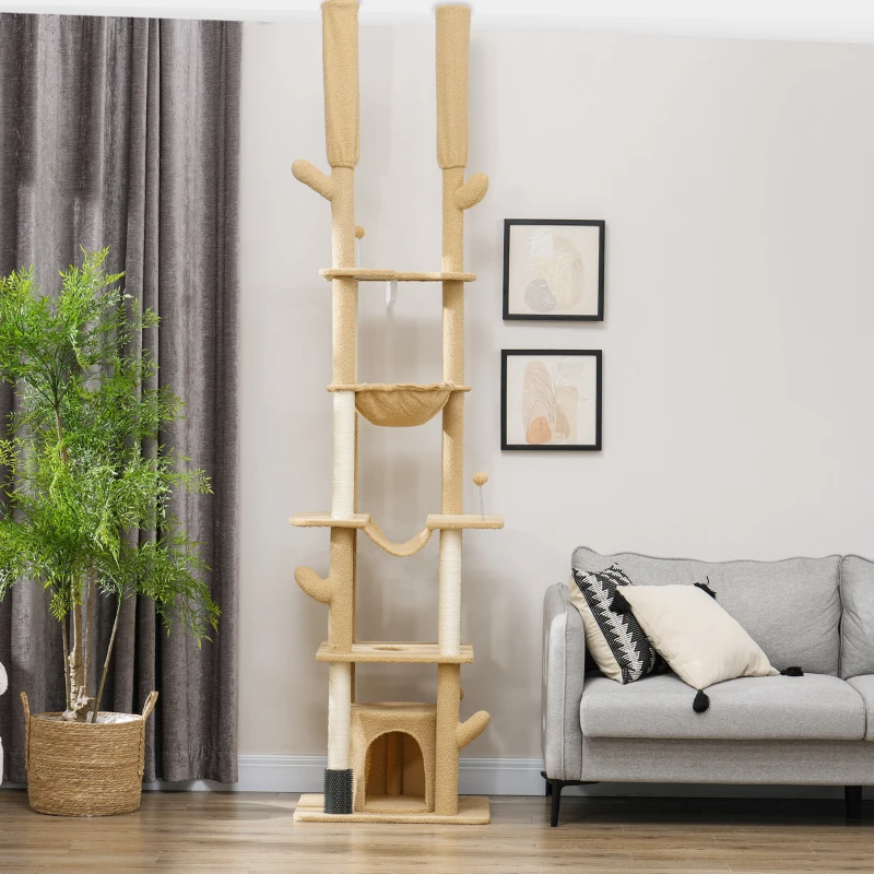 PawHut 89"-100" Floor to Ceiling Cat Tree Cat Tower for Large Cats w/ Scratching Posts, Grooming Brush Post, Cat Condo, Brown