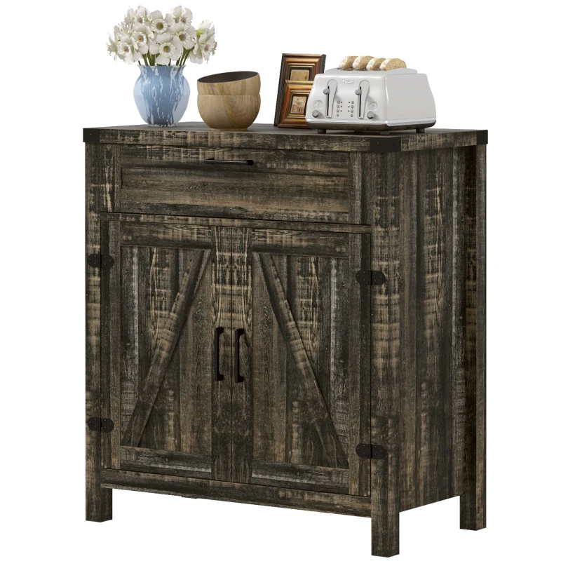 HOMCOM Farmhouse Kitchen Storage Cabinet, Sideboard Buffet Cabinet with 2 Rustic Barn Doors and Drawer, Dark Oak