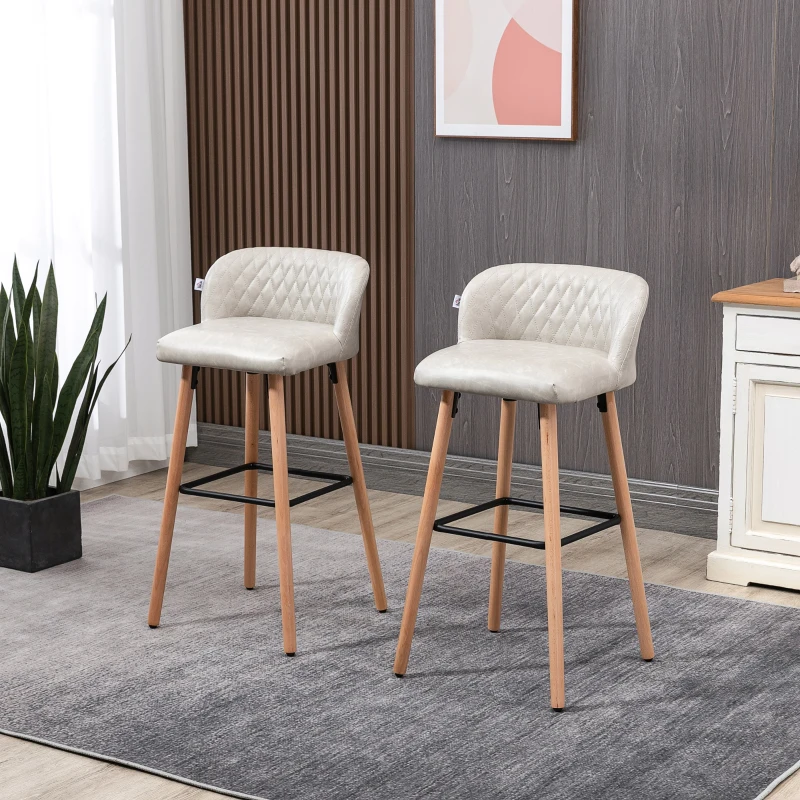 HOMCOM Bar Stool Set of 2 PU Leather Padded Counter Height Bar Stools with Footrest and Adjustable Feet for Home Kitchen White