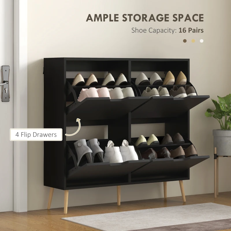 HOMCOM Shoe Storage Cabinet with 4 Flip Drawers and Adjustable Shelf, Shoe Cabinet for 8-16 Pairs of Shoes, Black