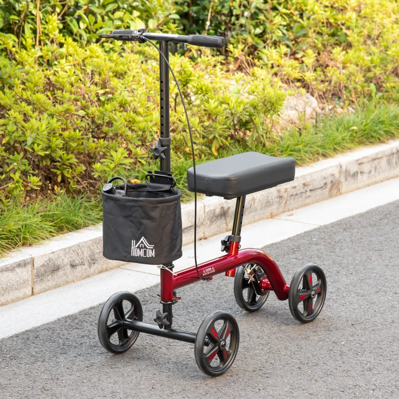 HOMCOM Knee Walker, Foldable Steerable Medical Knee Scooter, Crutch Alternative with Drum Braking System, Storage Bag for Foot Injuries, Red