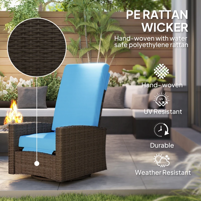Outsunny Outdoor Wicker Swivel Recliner Chair, Lifting Footrest, 360° Rotating Basic, Water-resistant Cushions, Sky Blue