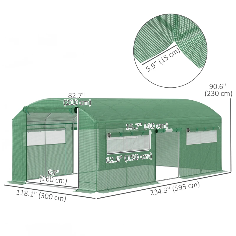 Outsunny 19.5' x 10' x 7.5' Walk-in Tunnel Greenhouse with 3 Roll-Up Doors and Large Mesh Windows, Outdoor Green House, Plant Hot House Tent with Galvanized Steel Frame, Green