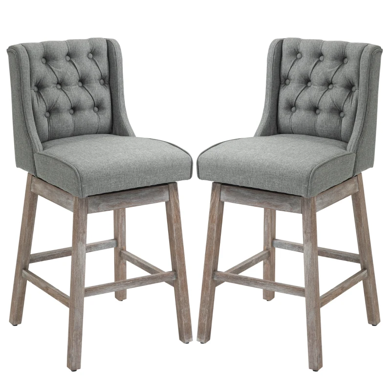 HOMCOM Set of 2 Barstools, 180 Degree Swivel Kitchen Island Stool Dining Room Chairs with Solid Wood Footrests and Button Tufted Design, Grey