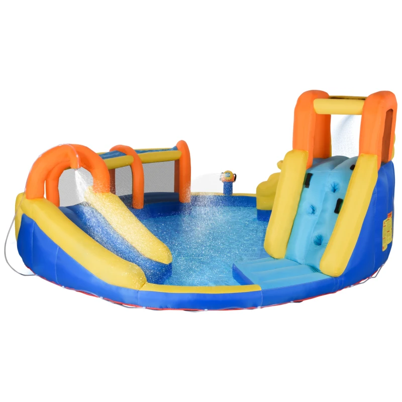 Outsunny 6-in-1 Kids Inflatable Water Slide, Bounce House with Slide, Pool, Water Cannon, Climbing Wall, Tunnel, Hoop, Backyard Inflatable Game for Birthday Party Activities without Air Blower
