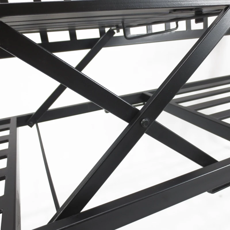 Outsunny Outdoor Bench with Retractable Middle Table, Metal Frame Patio Loveseat with Slatted Seat and Backrest, Curved Armrests, Black