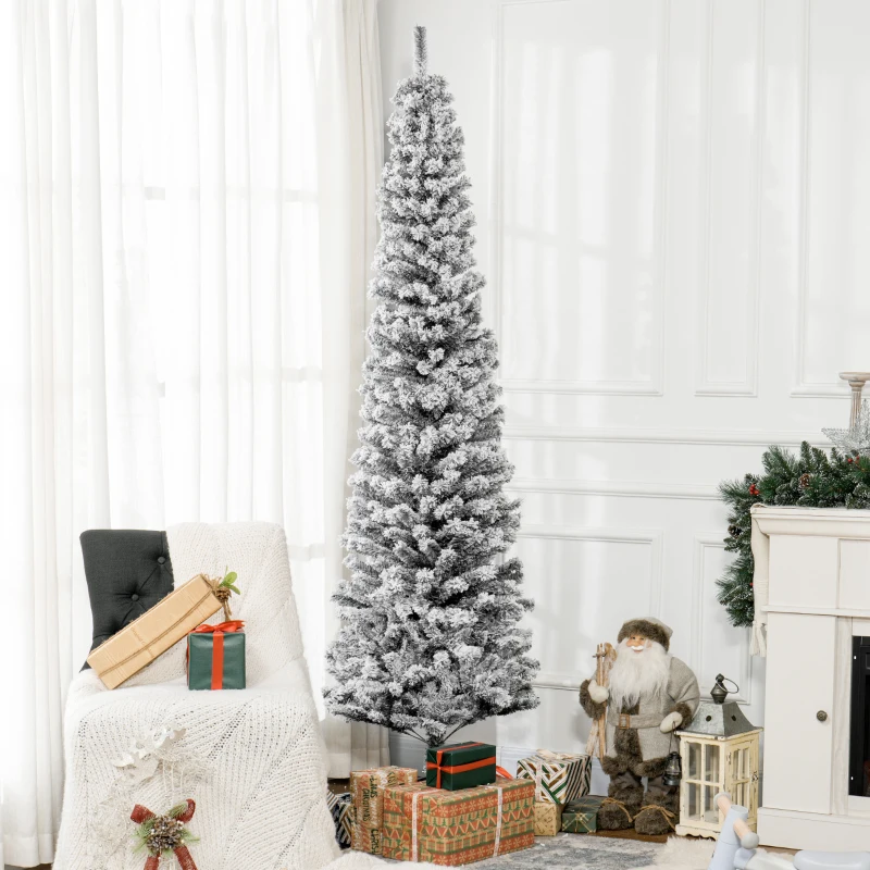 HOMCOM 7.5ft Flocked Christmas Tree, Pencil Christmas Tree with Realistic Branch Tips, Folding Metal Stand, Black
