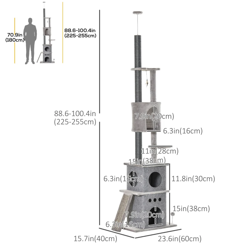 PawHut 89"-100" Floor to Ceiling Cat Tree 6-Tier Cat Climbing Tower Adjustable High with Scratching Post Board, Ramp, Cat Condo, Perch, Toy Ball, for Indoor Cat, Light Grey