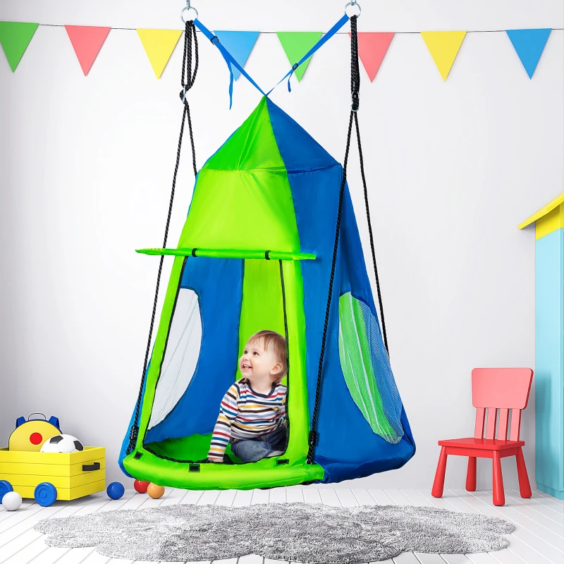 Outsunny Kids Hanging Tree Swing Tent for Backyard, Waterproof Hammock Chair Nest Pod, Saucer Swing with Screen Window, Rolling Door, for Indoor & Outdoor Use, Green