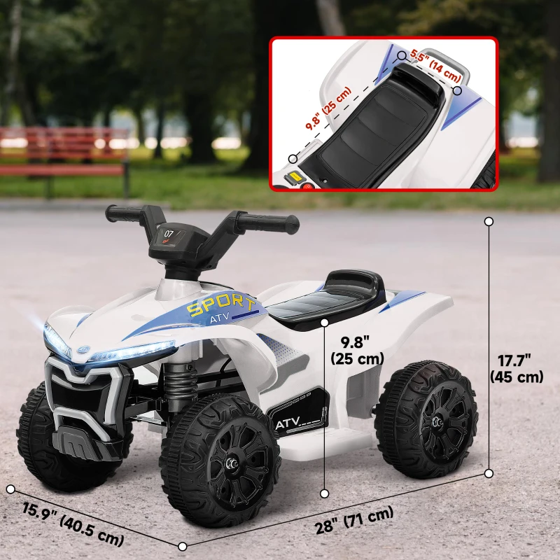 Qaba Kids ATV, 6V Battery Powered Electric Vehicle with Headlights, Music, Forward/Reverse Switch for 18-36 Months, White
