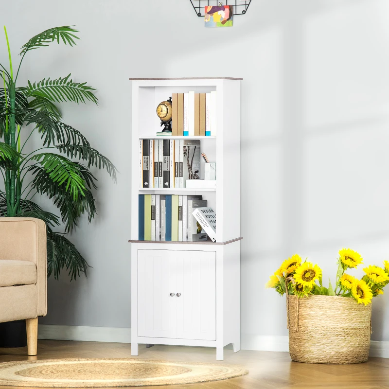 HOMCOM 69" Tall Bathroom Storage Cabinet, Bookcase with 3 Open Compartments and Double Door Cupboard, White