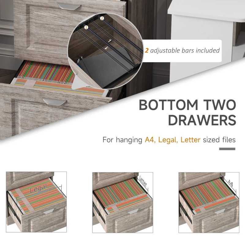 HOMCOM Tall Wooden 4 Drawer Vertical File Cabinet with Enclosed Storage for Letter/Legal Size, File Hangers and Lock, and Key, Grey Oak