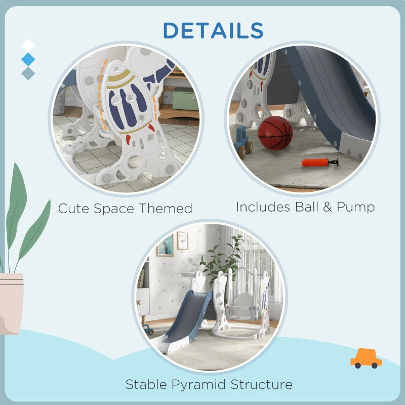Qaba 3 in 1 Toddler Slides for Kids with Basketball Hoop, Baby Slide and Swing Set Indoor Playground, Space Theme