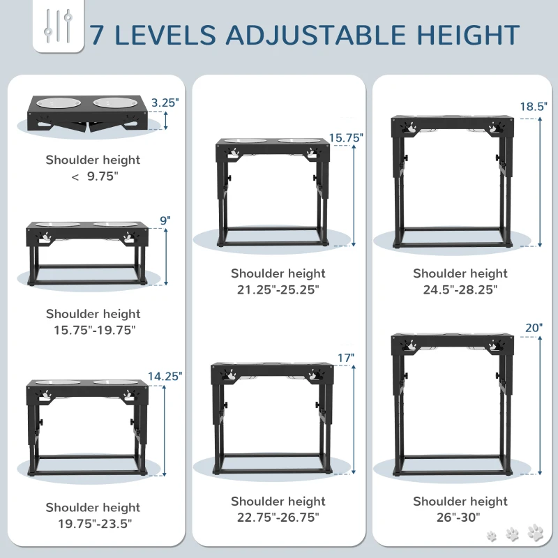 PawHut Dog Food Bowls, 7 Adjustable Height Elevated Dog Bowls w/ Stainless Steel, Black