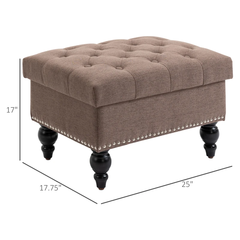 HOMCOM Ottoman with Storage for Living Room, 25" Storage Ottoman with Removable Lid, Button-Tufted Fabric Bench for Footrest and Seat with Wood Legs, Coffee